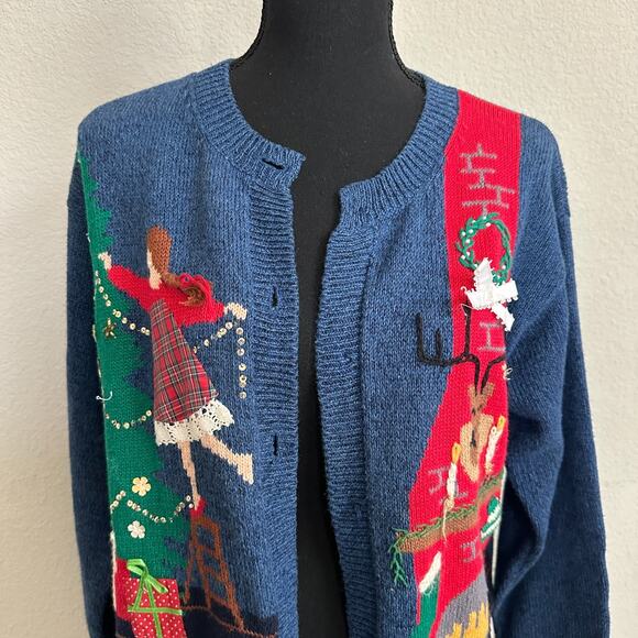 VTG Susan Bristol Cardigan Women Medium Christmas 90s Hand Embroidered Holiday - Picture 2 of 15